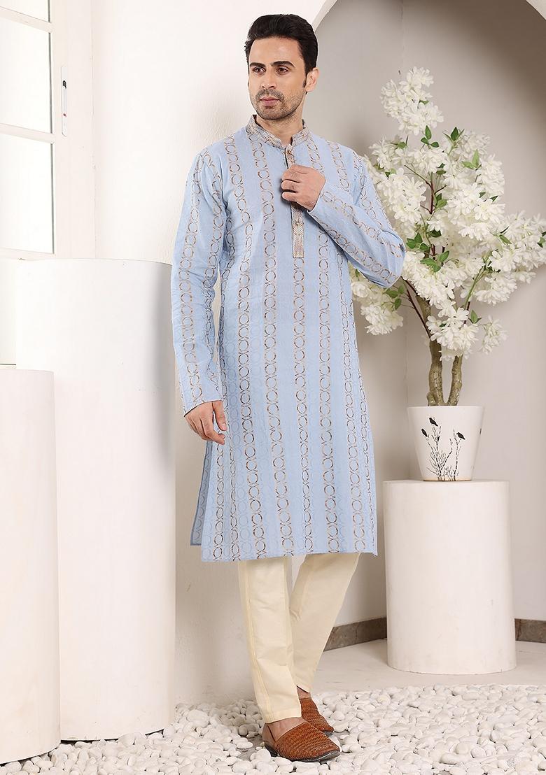 Blue Printed Cotton Kurta For Men