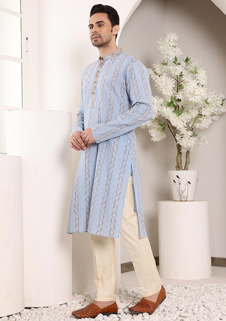 Blue Printed Cotton Kurta For Men