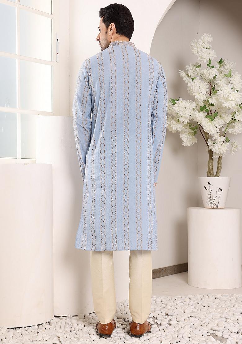 Blue Printed Cotton Kurta For Men