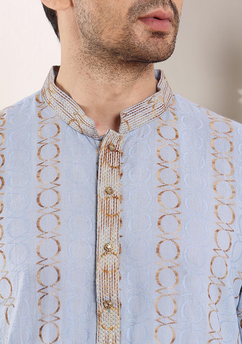 Blue Printed Cotton Kurta For Men