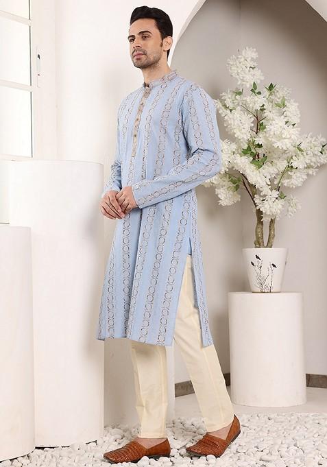 Blue Printed Cotton Kurta For Men