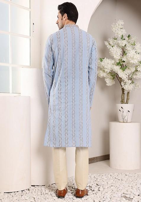 Blue Printed Cotton Kurta For Men