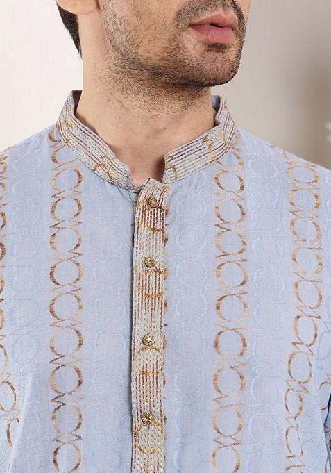 Blue Printed Cotton Kurta For Men