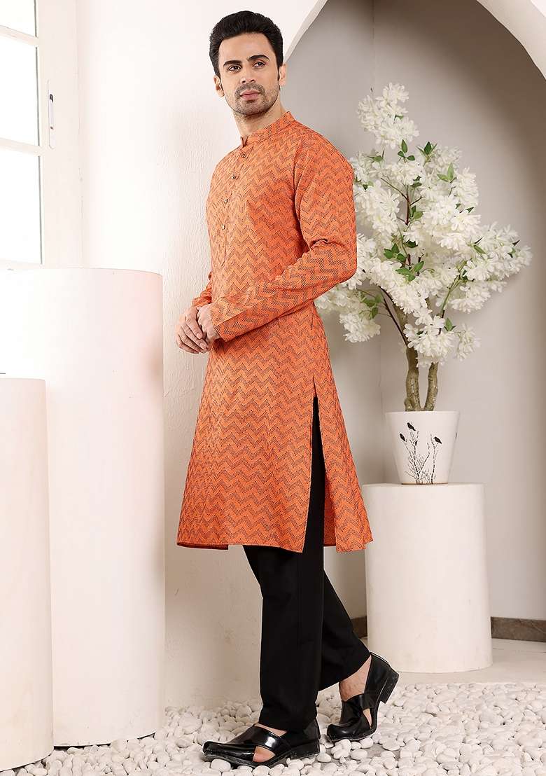 Orange Embellished Cotton Kurta For Men - Indya