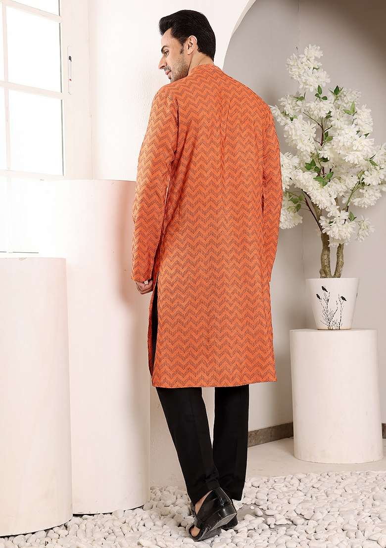 Orange Embellished Cotton Kurta For Men - Indya