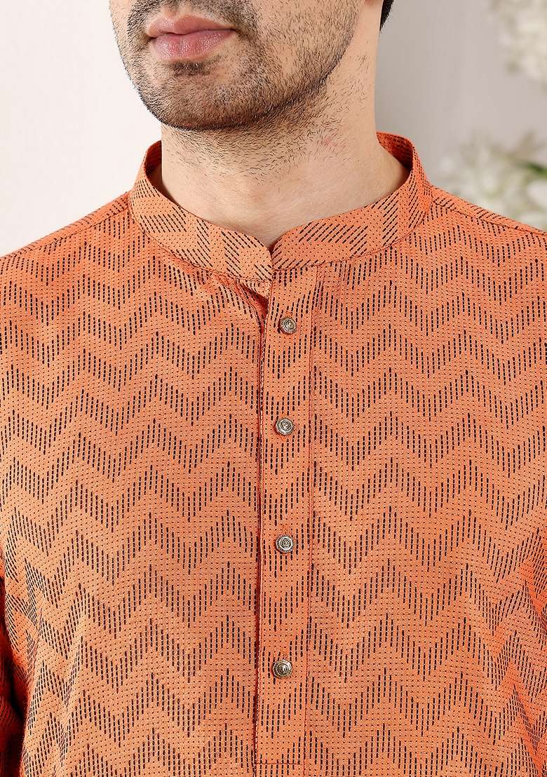 Orange Embellished Cotton Kurta For Men - Indya