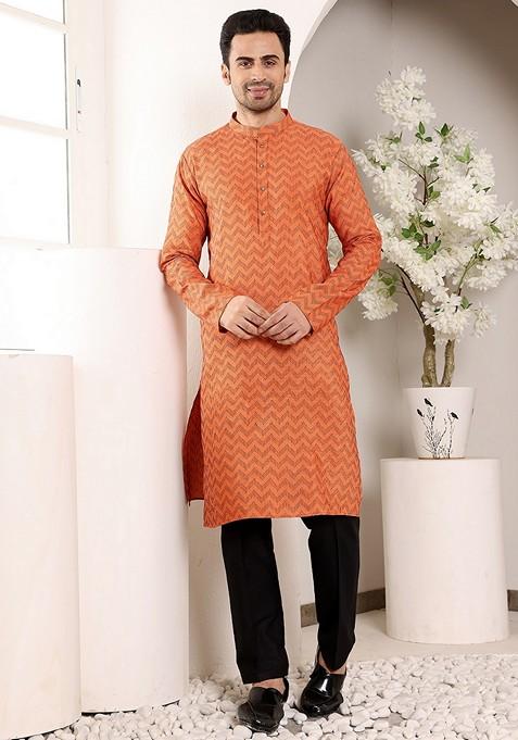 Orange Embellished Cotton Kurta For Men