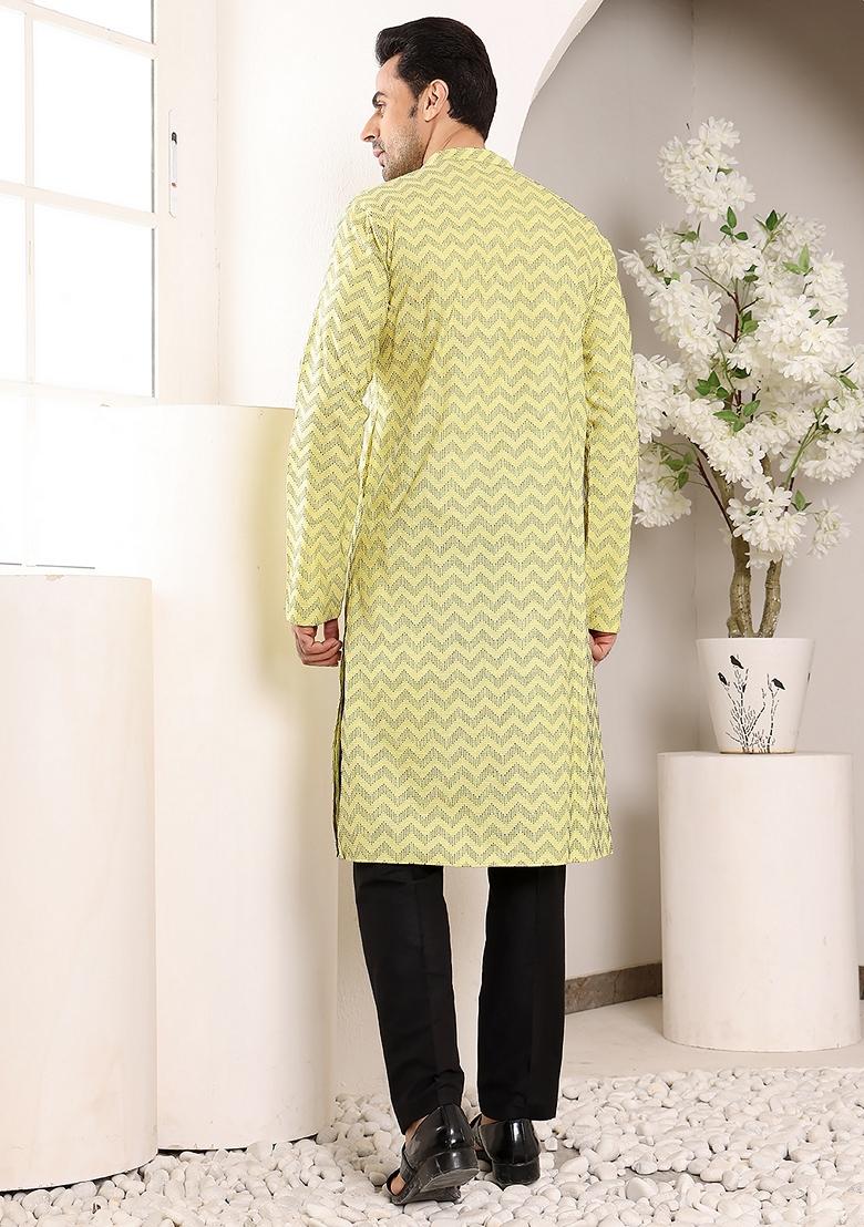 Yellow Embellished Cotton Kurta For Men