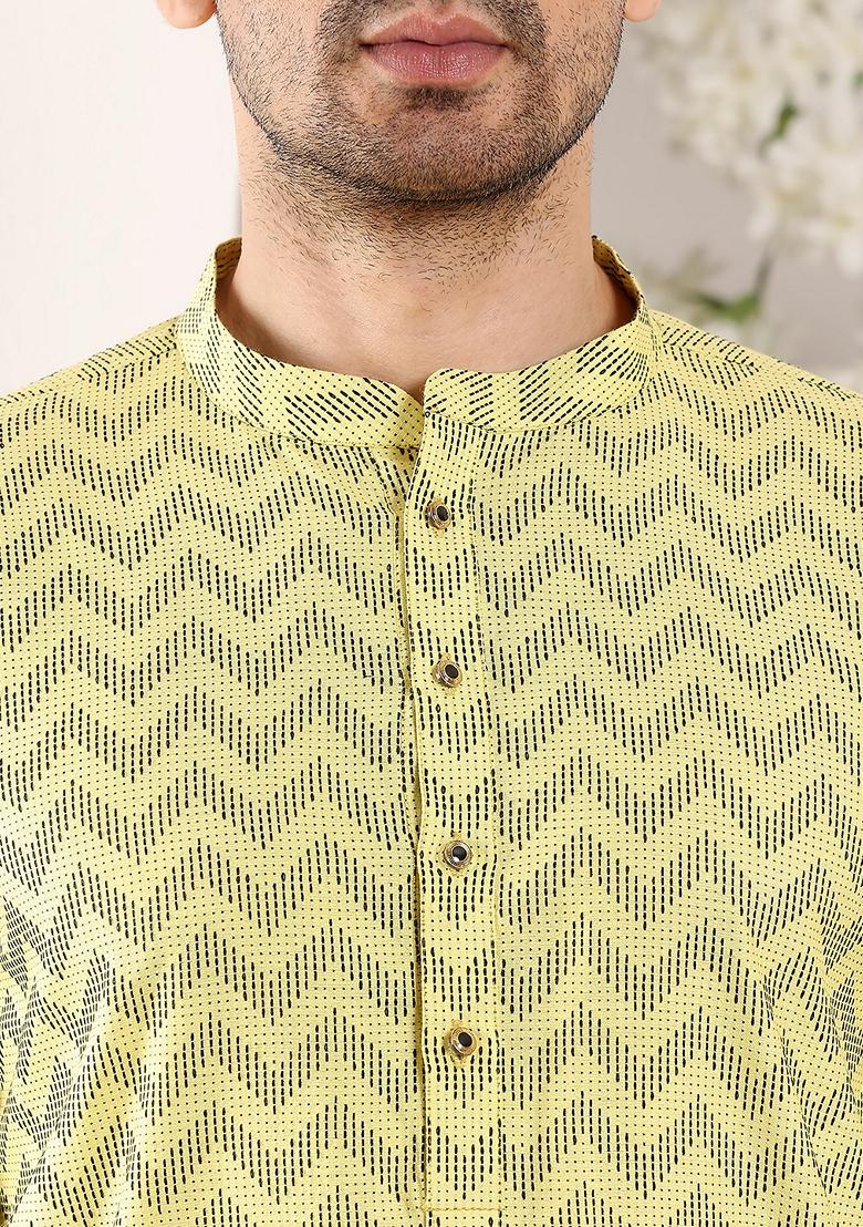 Yellow Embellished Cotton Kurta For Men