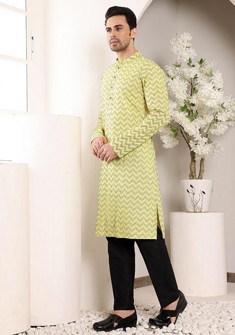 Yellow Embellished Cotton Kurta For Men