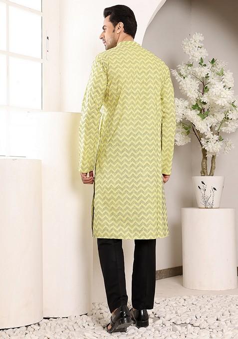 Yellow Embellished Cotton Kurta For Men