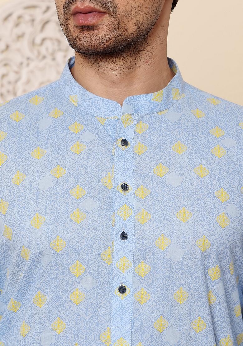 Blue Printed Cotton Kurta For Men