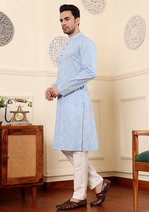 Blue Printed Cotton Kurta For Men