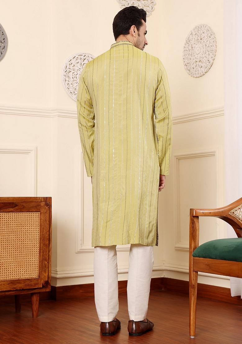 Light Green Embellished Viscose Silk Kurta For Men