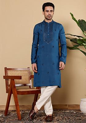 Blue Embellished Viscose Silk Kurta For Men