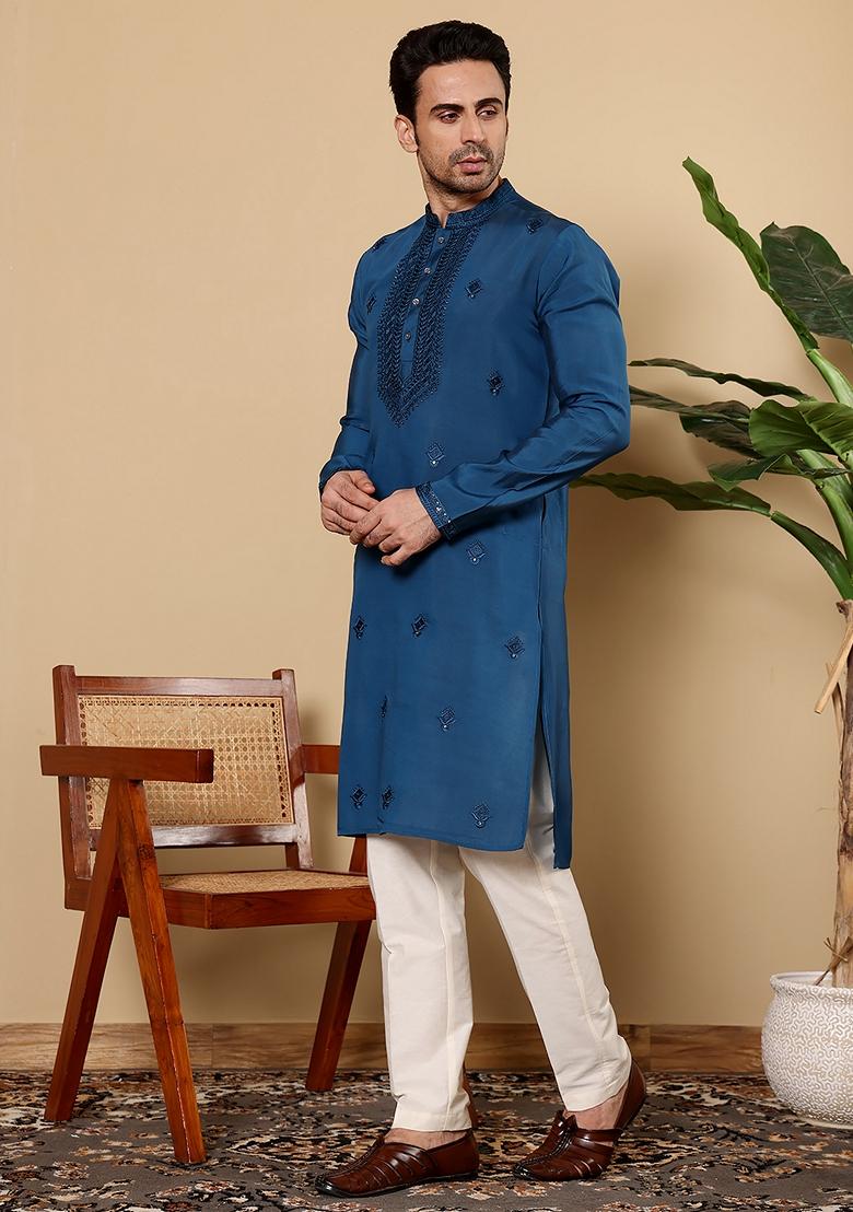 Blue Embellished Viscose Silk Kurta For Men