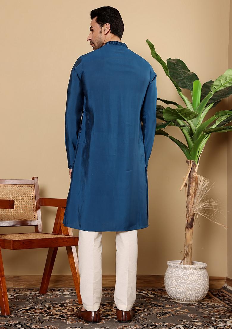 Blue Embellished Viscose Silk Kurta For Men