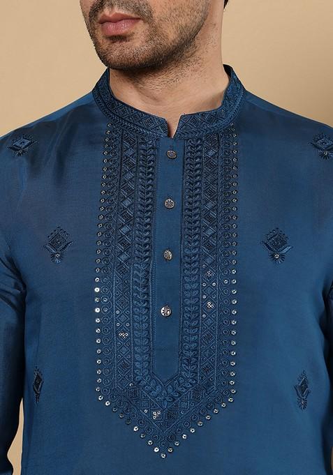 Blue Embellished Viscose Silk Kurta For Men
