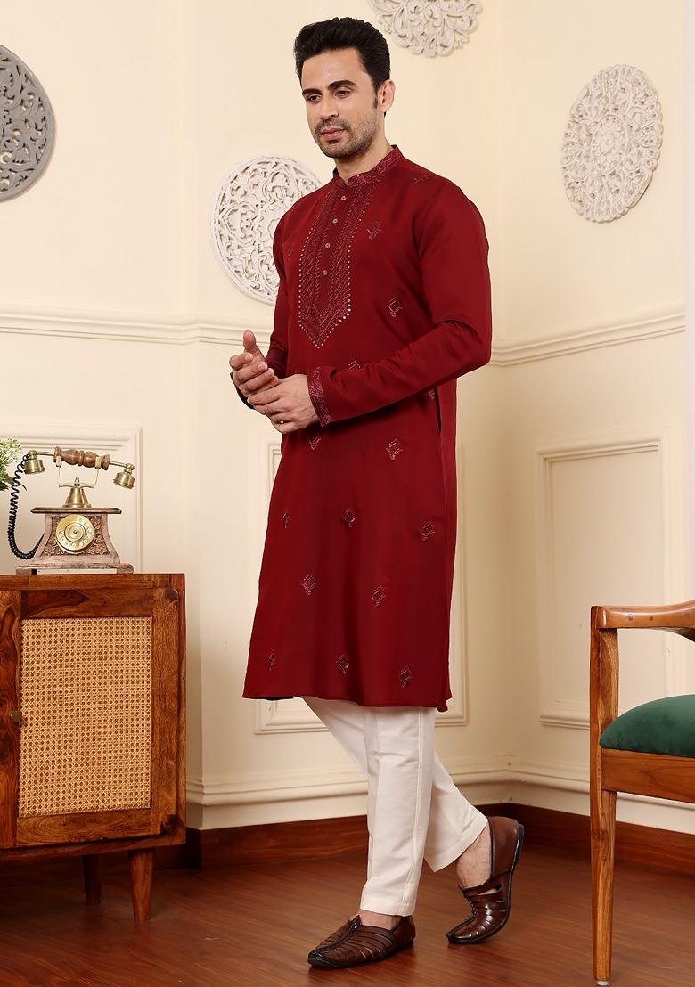 Maroon Embellished Viscose Silk Kurta For Men