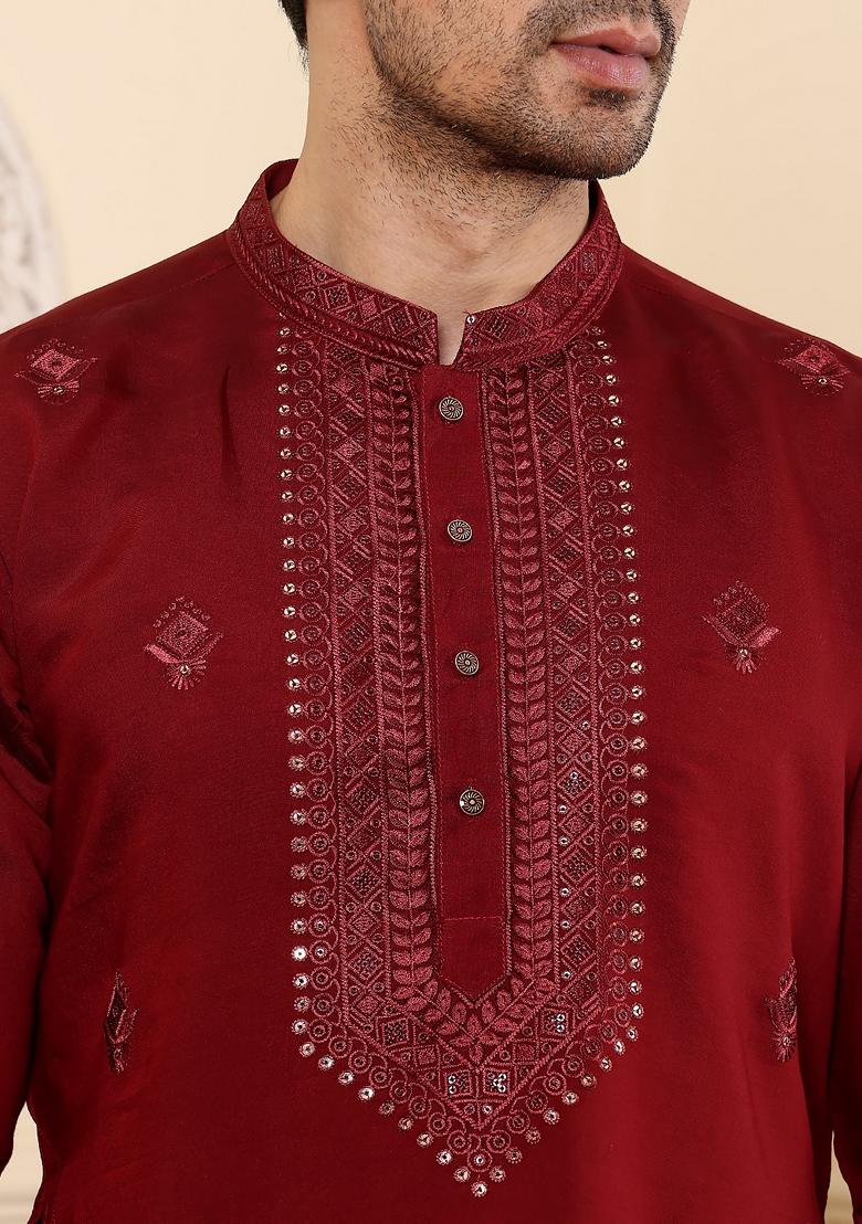 Maroon Embellished Viscose Silk Kurta For Men