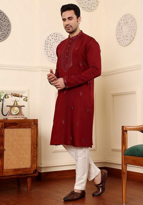 Maroon Embellished Viscose Silk Kurta For Men