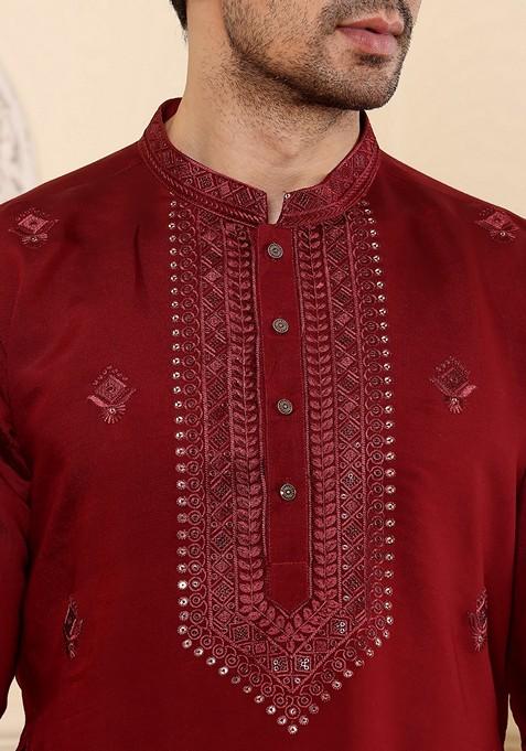 Maroon Embellished Viscose Silk Kurta For Men