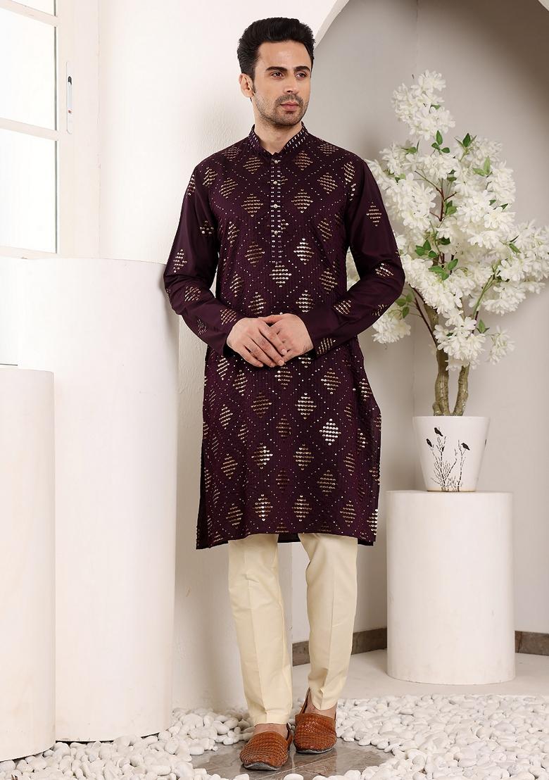 Purple Embellished Viscose Silk Kurta For Men