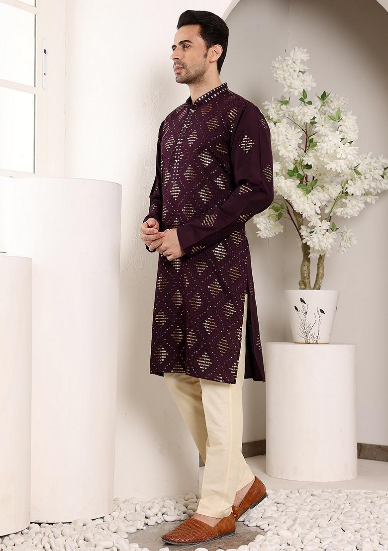 Purple Embellished Viscose Silk Kurta For Men