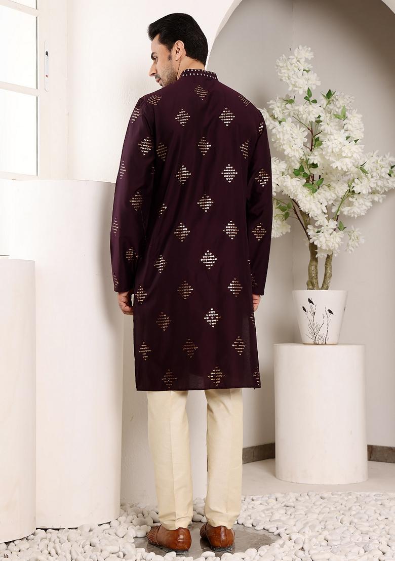 Purple Embellished Viscose Silk Kurta For Men