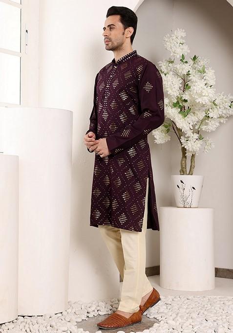 Purple Embellished Viscose Silk Kurta For Men