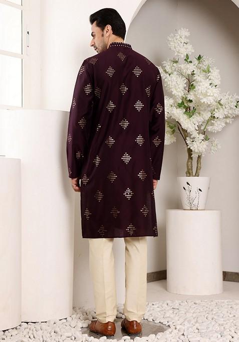 Purple Embellished Viscose Silk Kurta For Men