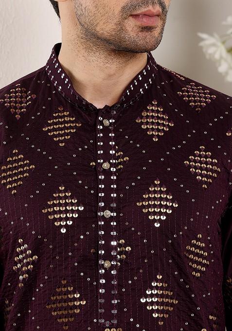 Purple Embellished Viscose Silk Kurta For Men