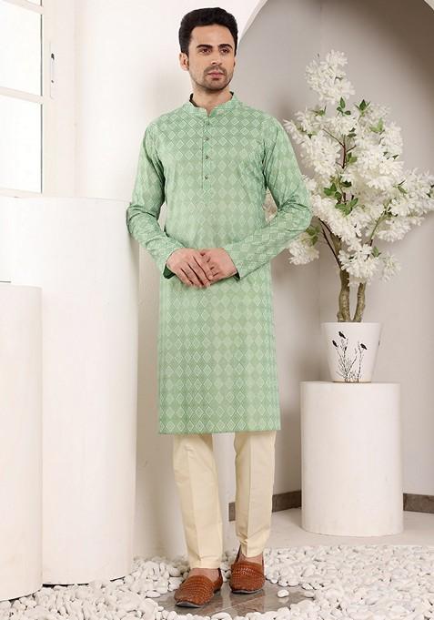 Sea Green Printed Cotton Kurta For Men