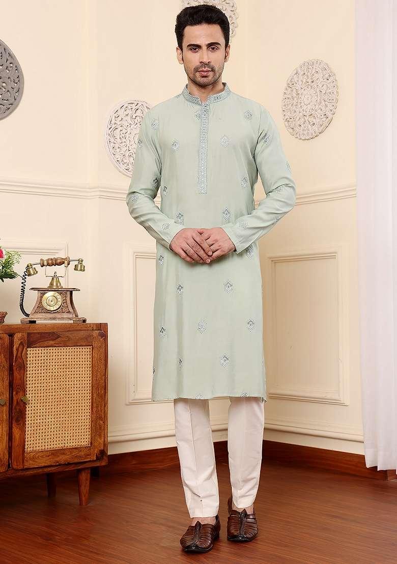 Light Blue Embellished Viscose Silk Blend Kurta For Men - Indya