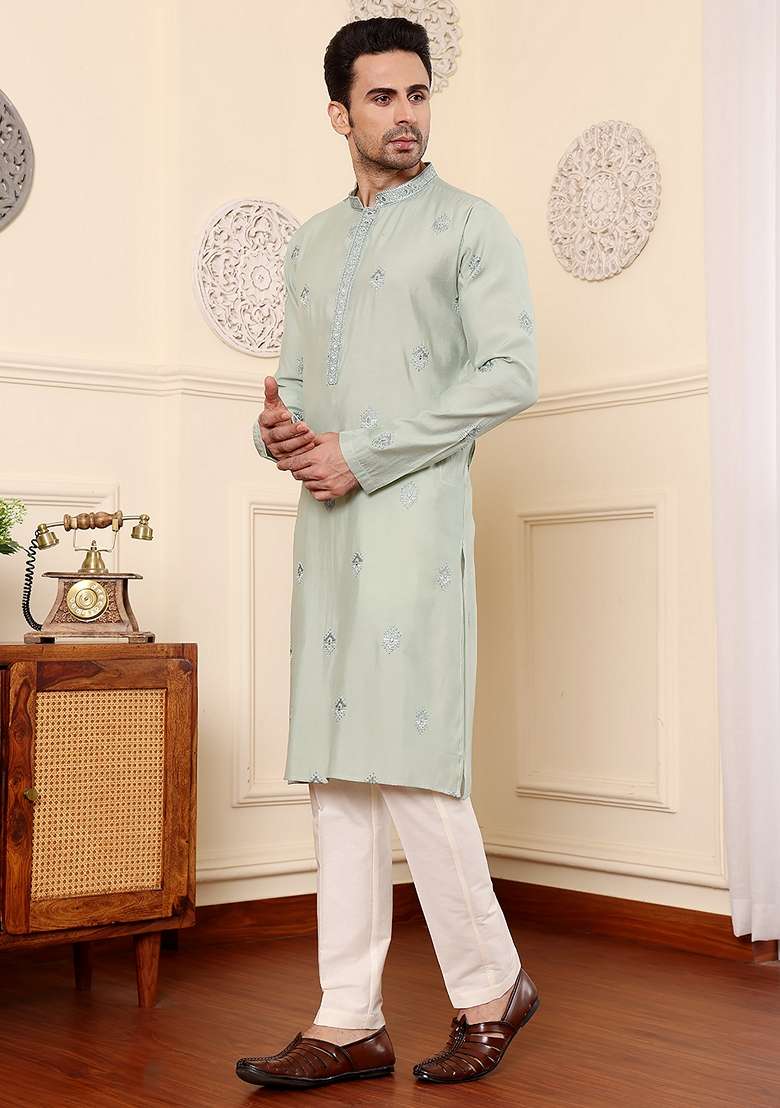 Light Blue Embellished Viscose Silk Blend Kurta For Men - Indya