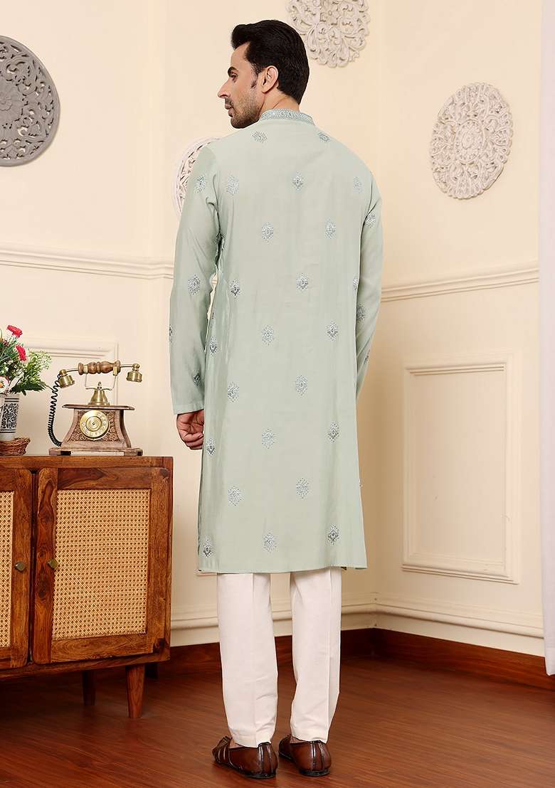 Light Blue Embellished Viscose Silk Blend Kurta For Men - Indya