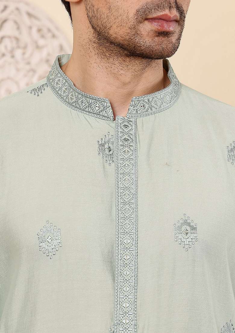 Light Blue Embellished Viscose Silk Blend Kurta For Men - Indya