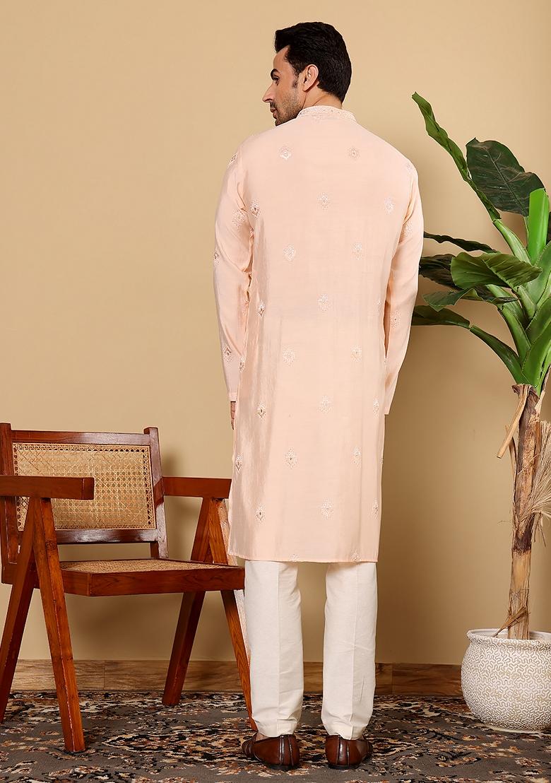 Cream Embellished Viscose Silk Kurta For Men