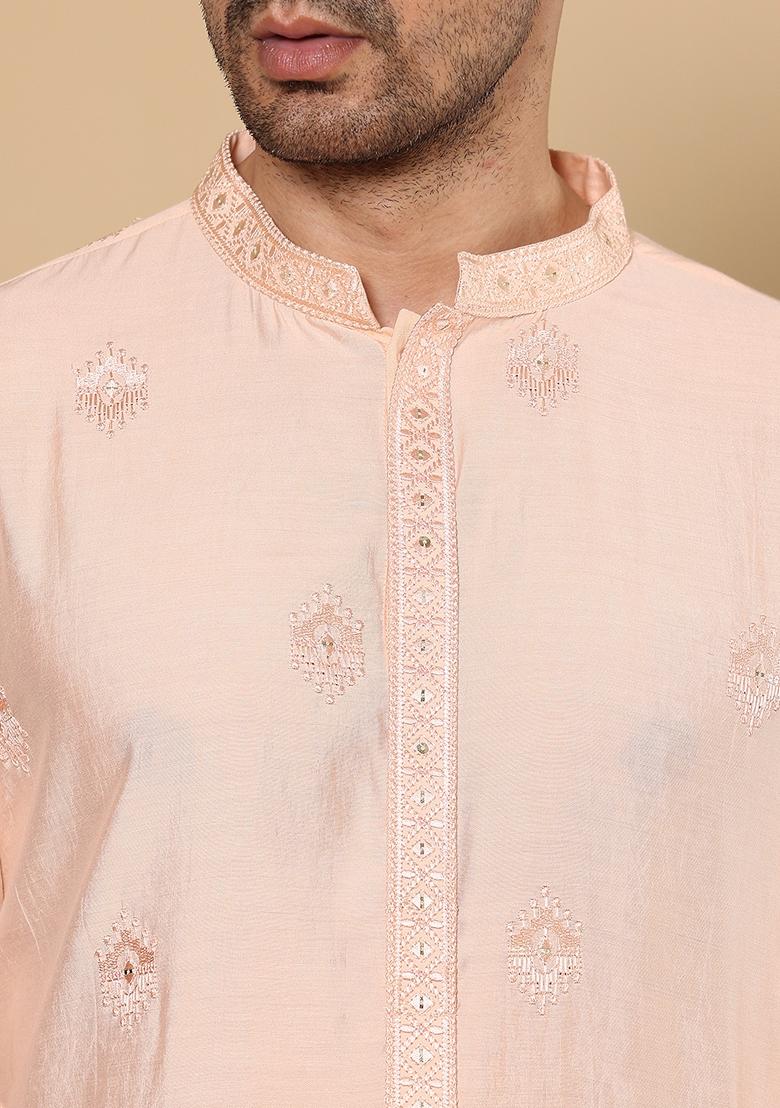 Cream Embellished Viscose Silk Kurta For Men