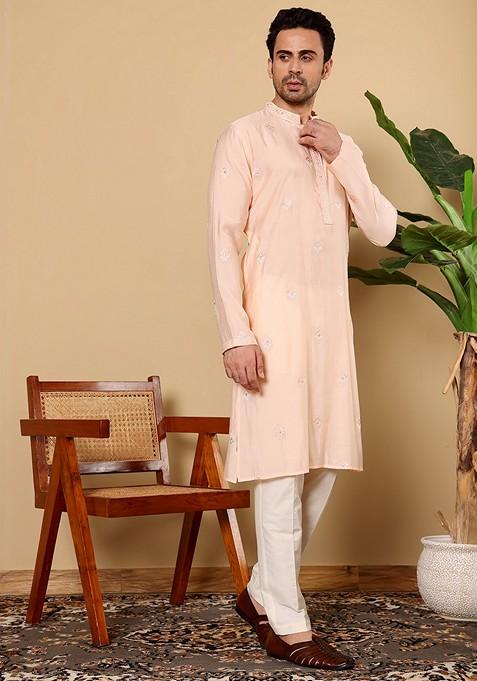 Cream Embellished Viscose Silk Kurta For Men