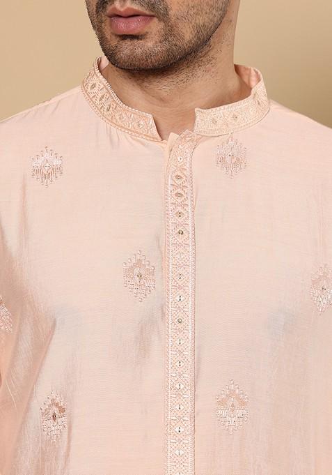 Cream Embellished Viscose Silk Kurta For Men