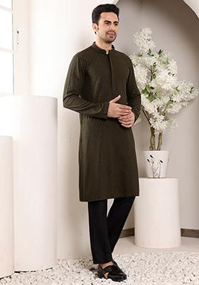 Black Embellished Rayon Silk Kurta For Men