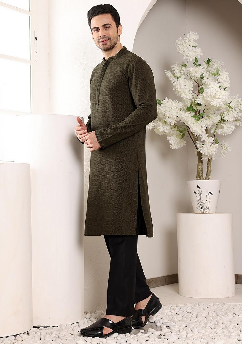 Black Embellished Rayon Silk Kurta For Men