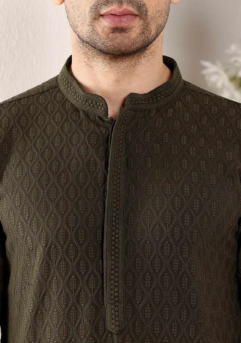 Black Embellished Rayon Silk Kurta For Men
