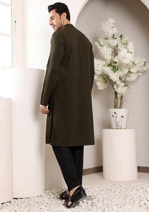 Black Embellished Rayon Silk Kurta For Men