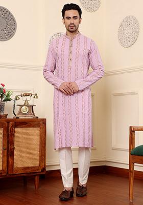 Pink Embroidered Cotton Kurta For Men