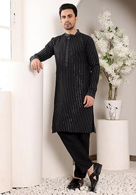 Black Embellished Viscose Silk Kurta For Men