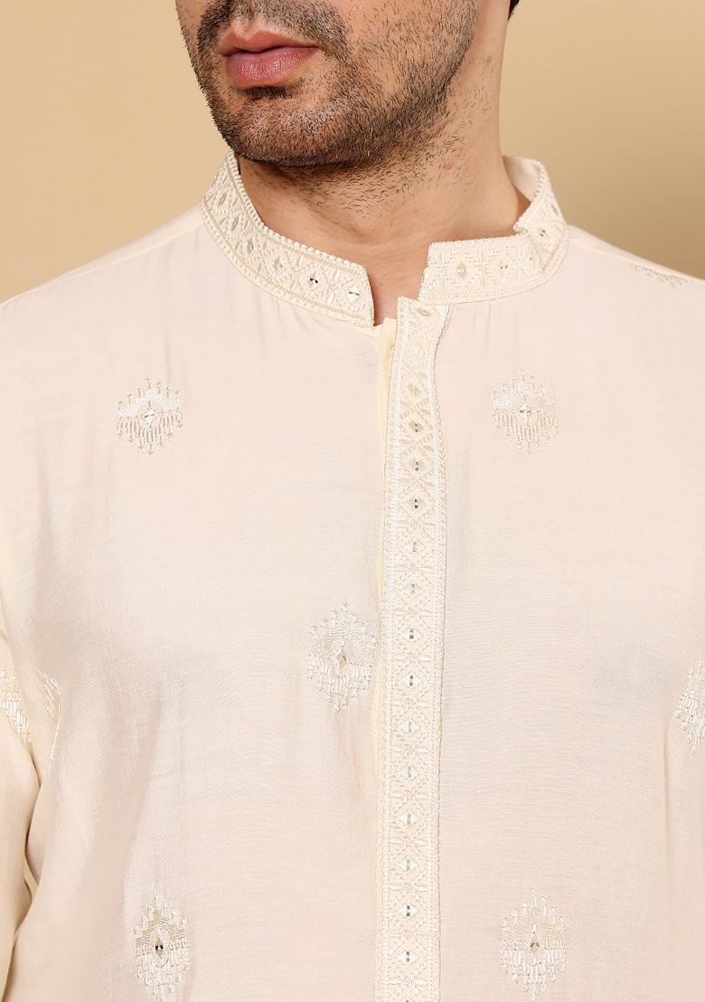 Cream Embellished Viscose Silk Kurta For Men - Indya