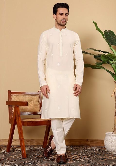 Cream Embellished Viscose Silk Kurta For Men