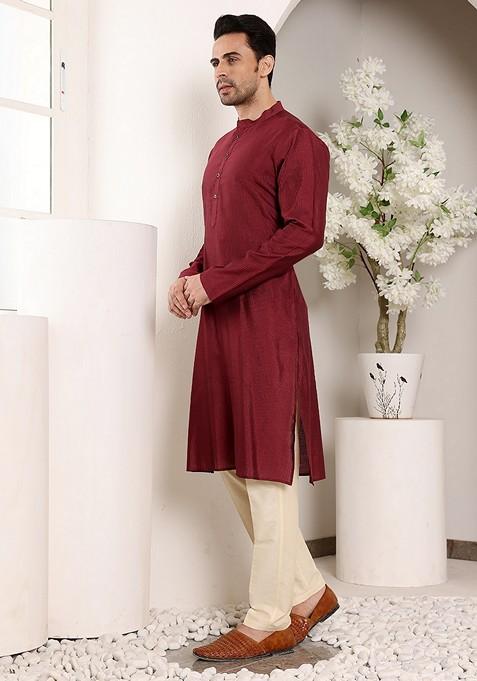 Maroon Textured Viscose Silk Kurta For Men